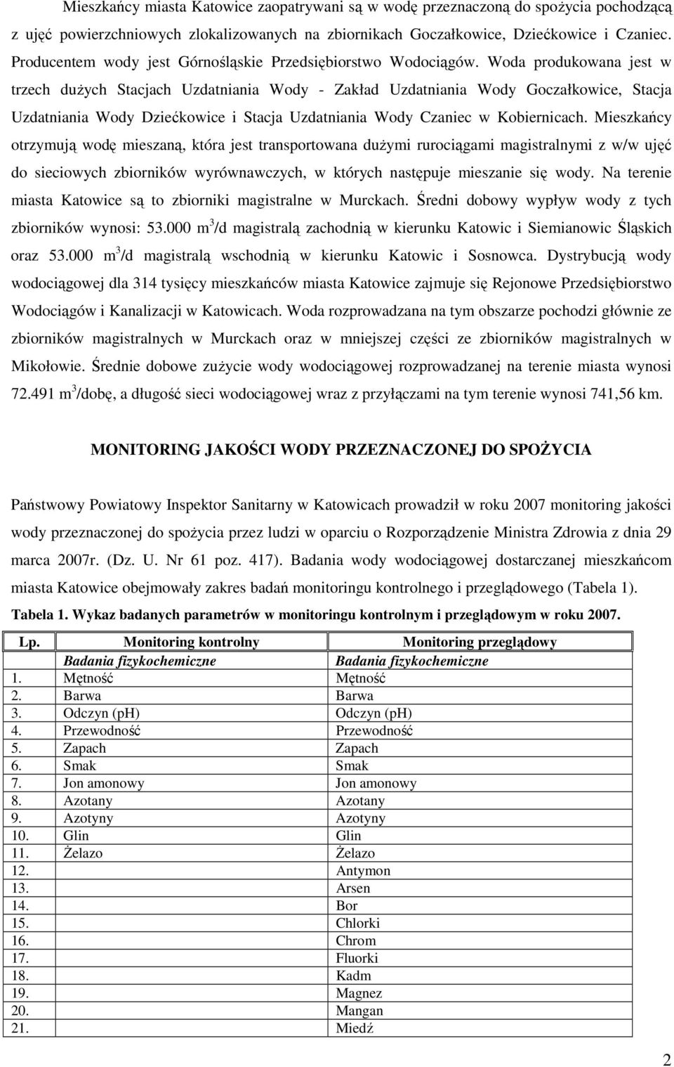 Woda produkowana jest w trzech duŝych Stacjach Uzdatniania Wody - Zakład Uzdatniania Wody Goczałkowice, Stacja Uzdatniania Wody Dziećkowice i Stacja Uzdatniania Wody Czaniec w Kobiernicach.