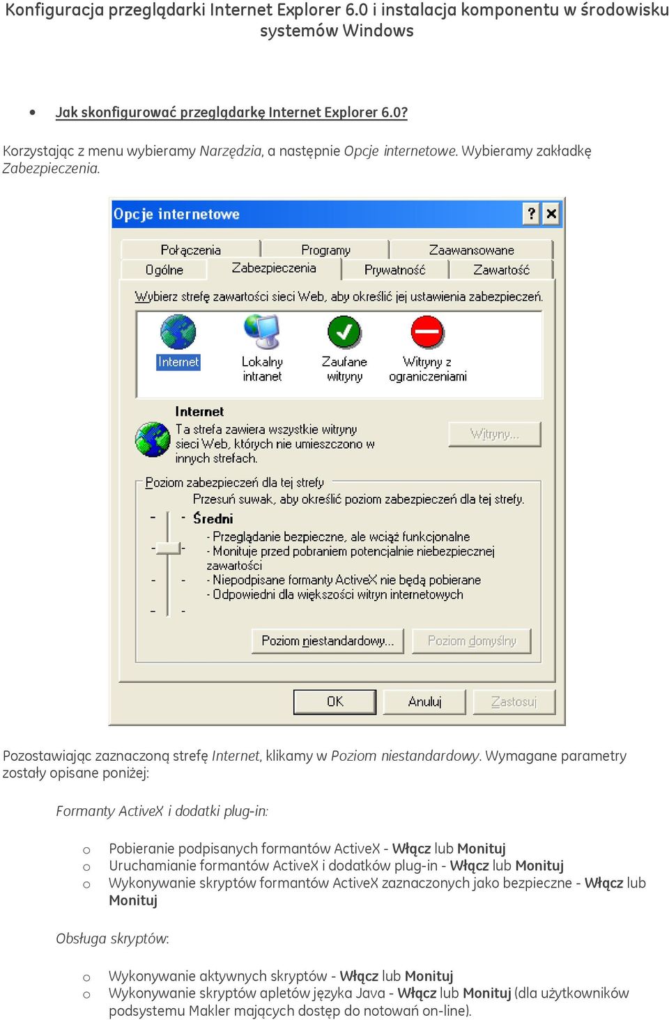 Wymagane parametry zstały pisane pniżej: Frmanty ActiveX i ddatki plug-in: Pbieranie pdpisanych frmantów ActiveX - Włącz lub Mnituj Uruchamianie frmantów ActiveX i ddatków plug-in - Włącz lub