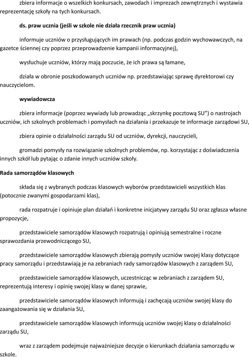 podczas godzin wychowawczych, na gazetce ściennej czy poprzez przeprowadzenie kampanii informacyjnej), wysłuchuje uczniów, którzy mają poczucie, że ich prawa są łamane, działa w obronie