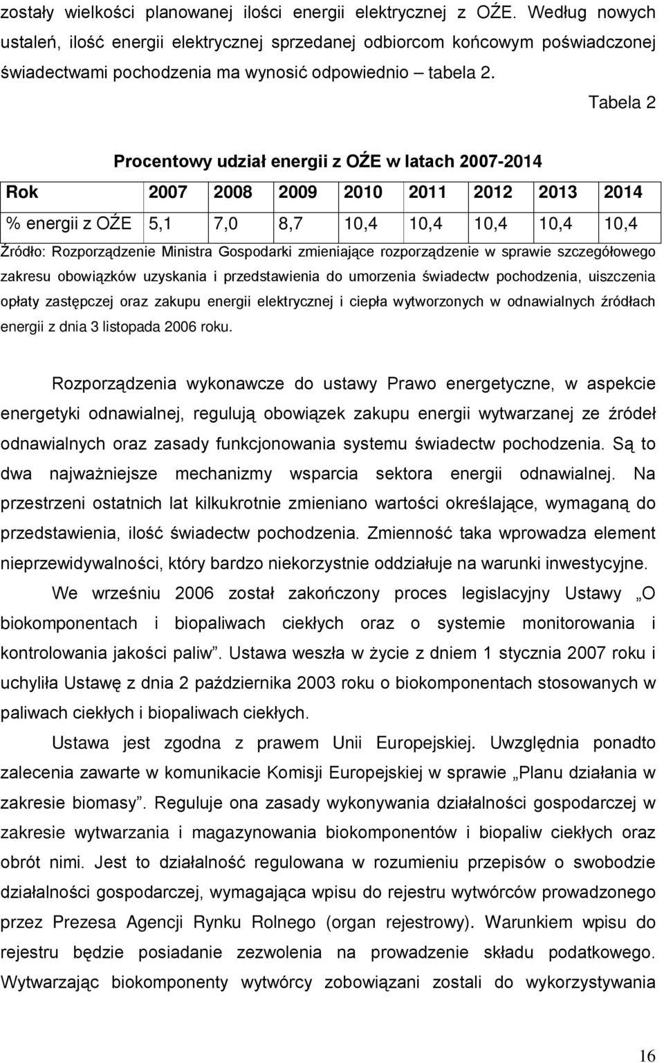 Tabela 2 Procentowy udział energii z OŹE w latach 2007-2014 Rok 2007 2008 2009 2010 2011 2012 2013 2014 % energii z OŹE 5,1 7,0 8,7 10,4 10,4 10,4 10,4 10,4 Źródło: Rozporządzenie Ministra Gospodarki