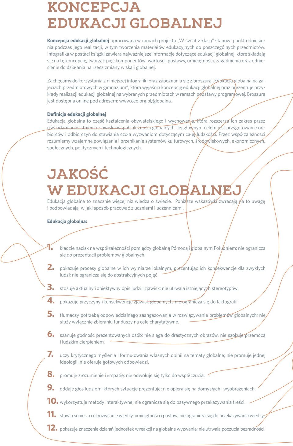 Infografika w postaci książki zawiera najważniejsze informacje dotyczące edukacji globalnej, które składają się na tę koncepcję, tworząc pięć komponentów: wartości, postawy, umiejętności, zagadnienia