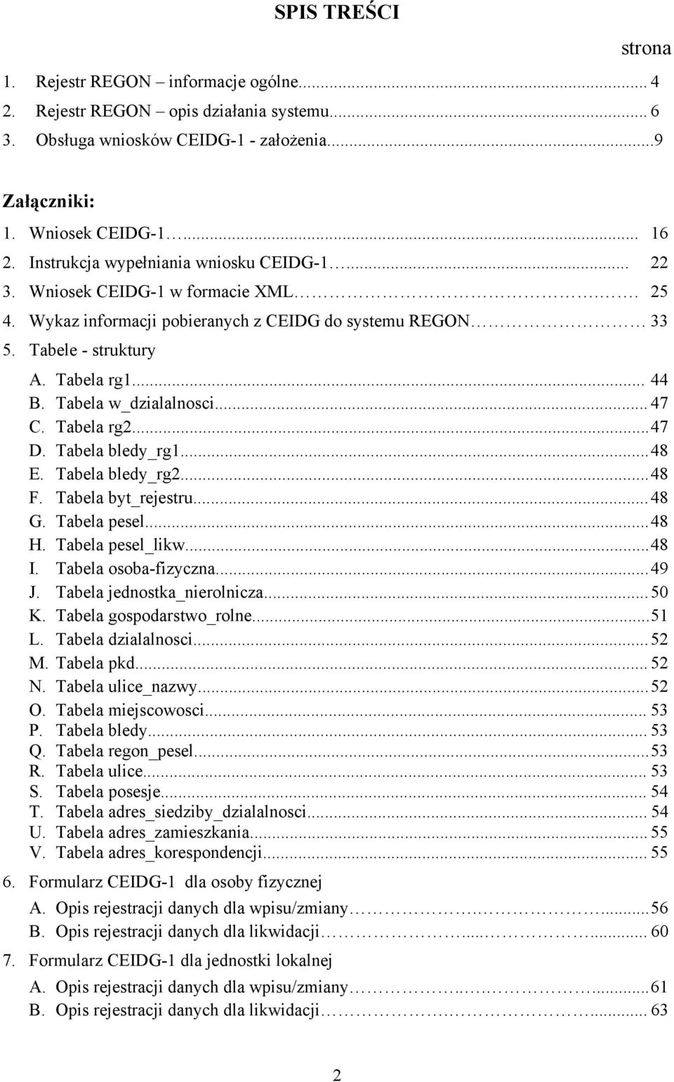 Tabela w_dzialalnosci... 47 C. Tabela rg2... 47 D. Tabela bledy_rg1... 48 E. Tabela bledy_rg2... 48 F. Tabela byt_rejestru... 48 G. Tabela pesel... 48 H. Tabela pesel_likw... 48 I.