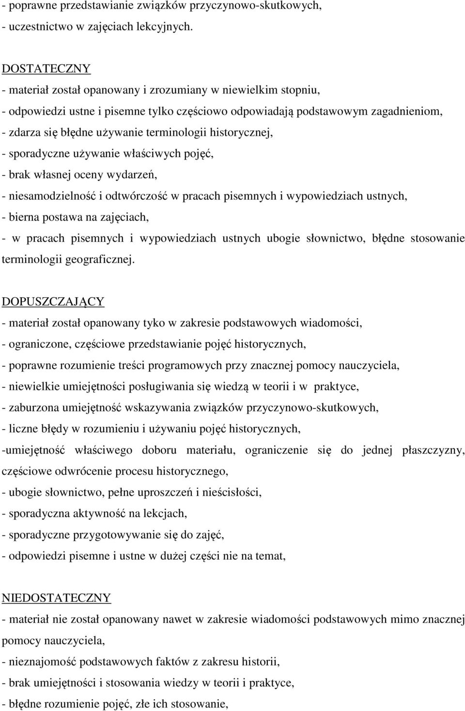 historycznej, - sporadyczne używanie właściwych pojęć, - brak własnej oceny wydarzeń, - niesamodzielność i odtwórczość w pracach pisemnych i wypowiedziach ustnych, - bierna postawa na zajęciach, - w