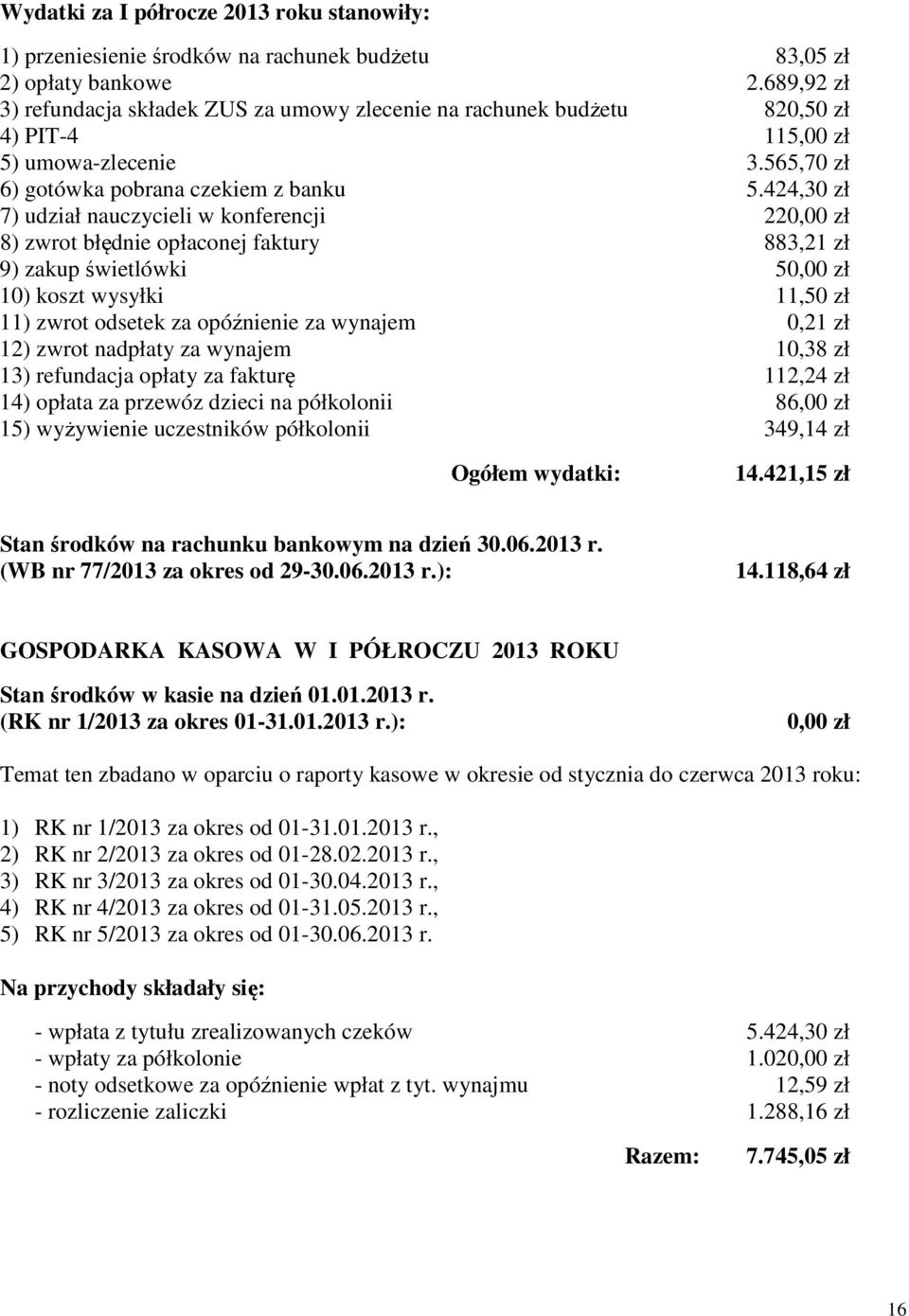 424,30 zł 7) udział nauczycieli w konferencji 220,00 zł 8) zwrot błędnie opłaconej faktury 883,21 zł 9) zakup świetlówki 50,00 zł 10) koszt wysyłki 11,50 zł 11) zwrot odsetek za opóźnienie za wynajem