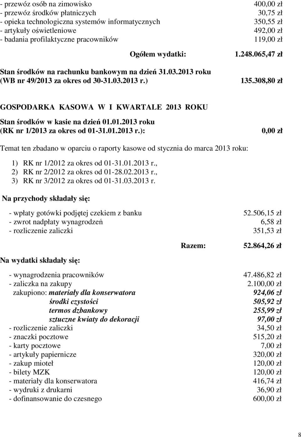 308,80 zł GOSPODARKA KASOWA W I KWARTALE 2013 ROKU Stan środków w kasie na dzień 01.01.2013 ro