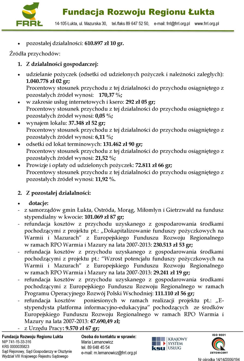 348 zł 52 gr; pozostałych źródeł wynosi: 6,11 %; odsetki od lokat terminowych: 131.462 zł 90 gr; pozostałych źródeł wynosi: 21,52 %; Prowizje i opłaty od udzielonych pożyczek: 72.