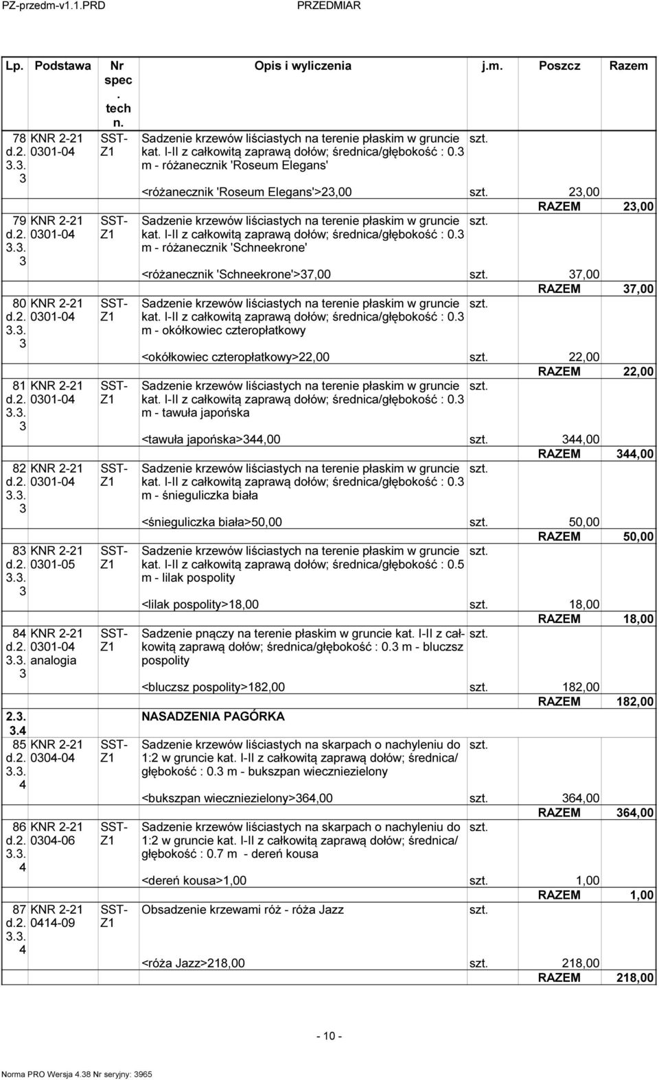 'Roseum Elegans'>,00,00 Sadzenie krzewów liściastych na terenie płaskim w gruncie kat I-II z całkowitą zaprawą dołów; średnica/głębokość : 0 m - różanecznik 'Schneekrone' <różanecznik
