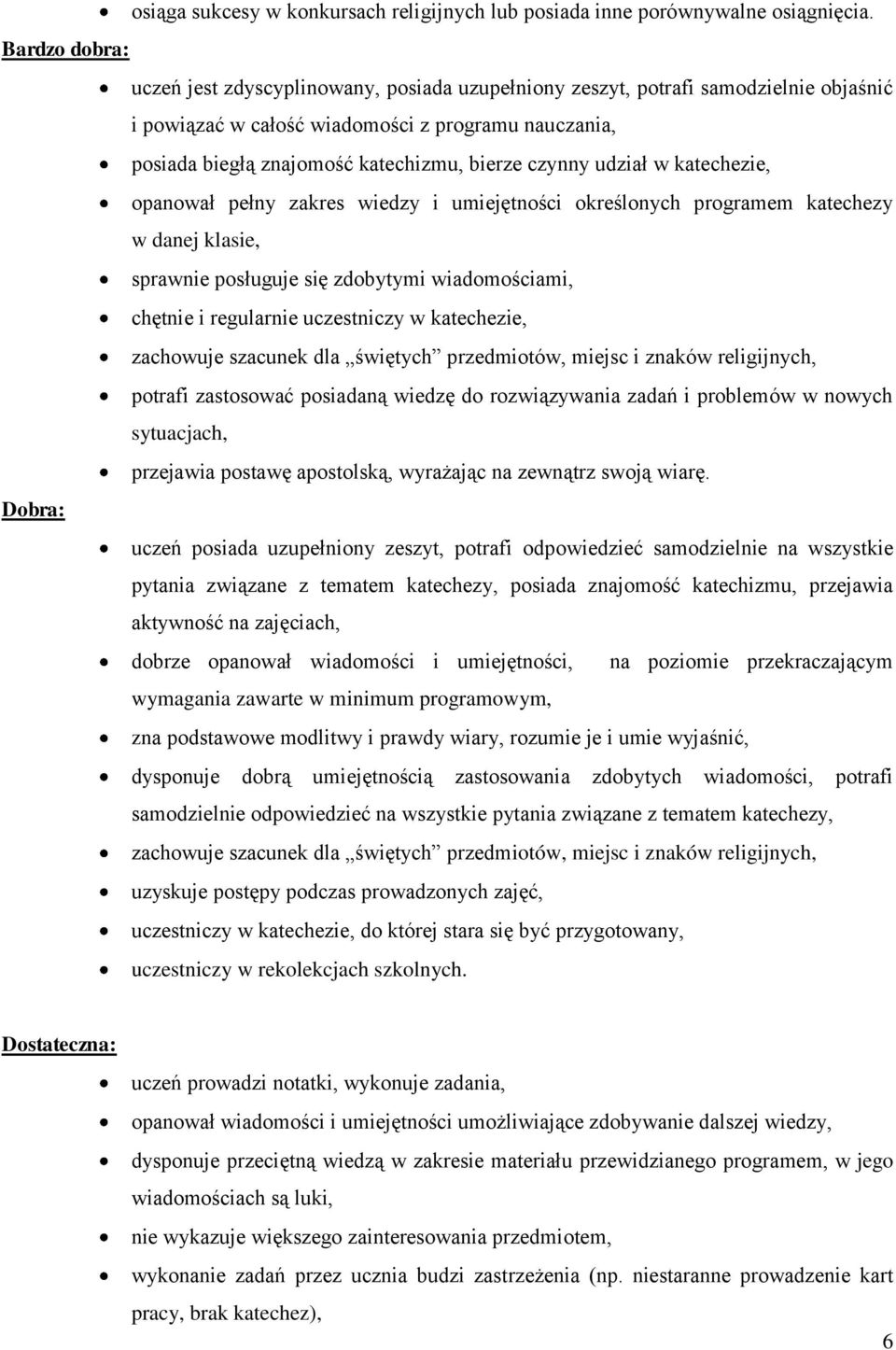 czynny udział w katechezie, opanował pełny zakres wiedzy i umiejętności określonych programem katechezy w danej klasie, sprawnie posługuje się zdobytymi wiadomościami, chętnie i regularnie