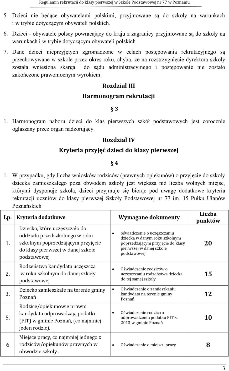 Dane dzieci nieprzyjętych zgromadzone w celach postępowania rekrutacyjnego są przechowywane w szkole przez okres roku, chyba, że na rozstrzygnięcie dyrektora szkoły została wniesiona skarga do sądu