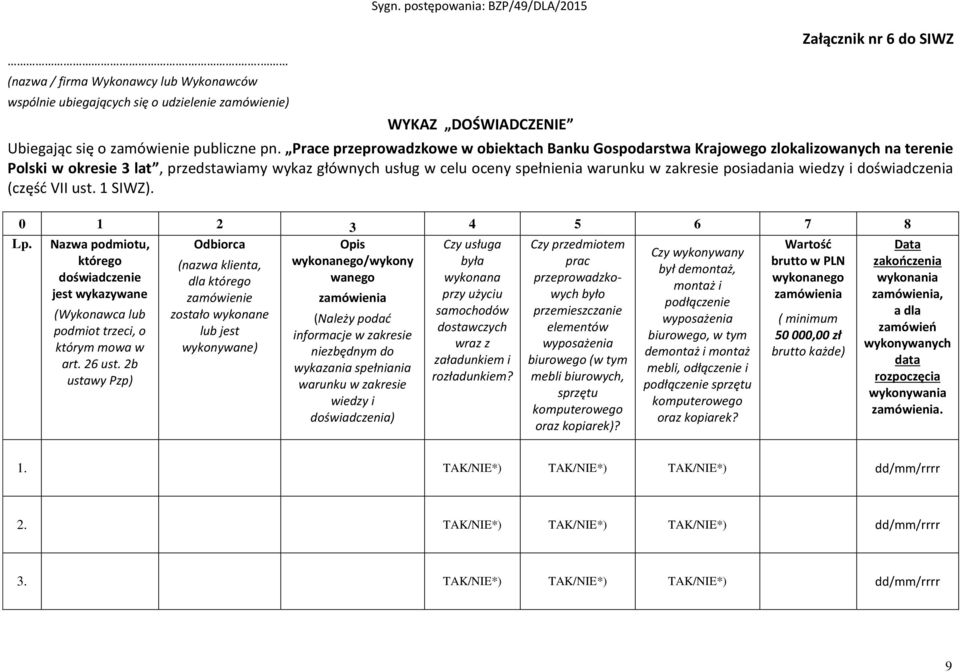 Prace przeprowadzkowe w obiektach Banku Gospodarstwa Krajowego zlokalizowanych na terenie Polski w okresie 3 lat, przedstawiamy wykaz głównych usług w celu oceny spełnienia warunku w zakresie