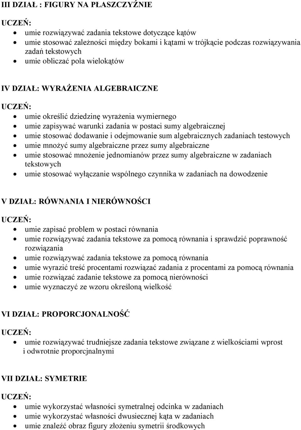 algebraicznych zadaniach testowych umie mnożyć sumy algebraiczne przez sumy algebraiczne umie stosować mnożenie jednomianów przez sumy algebraiczne w zadaniach tekstowych umie stosować wyłączanie