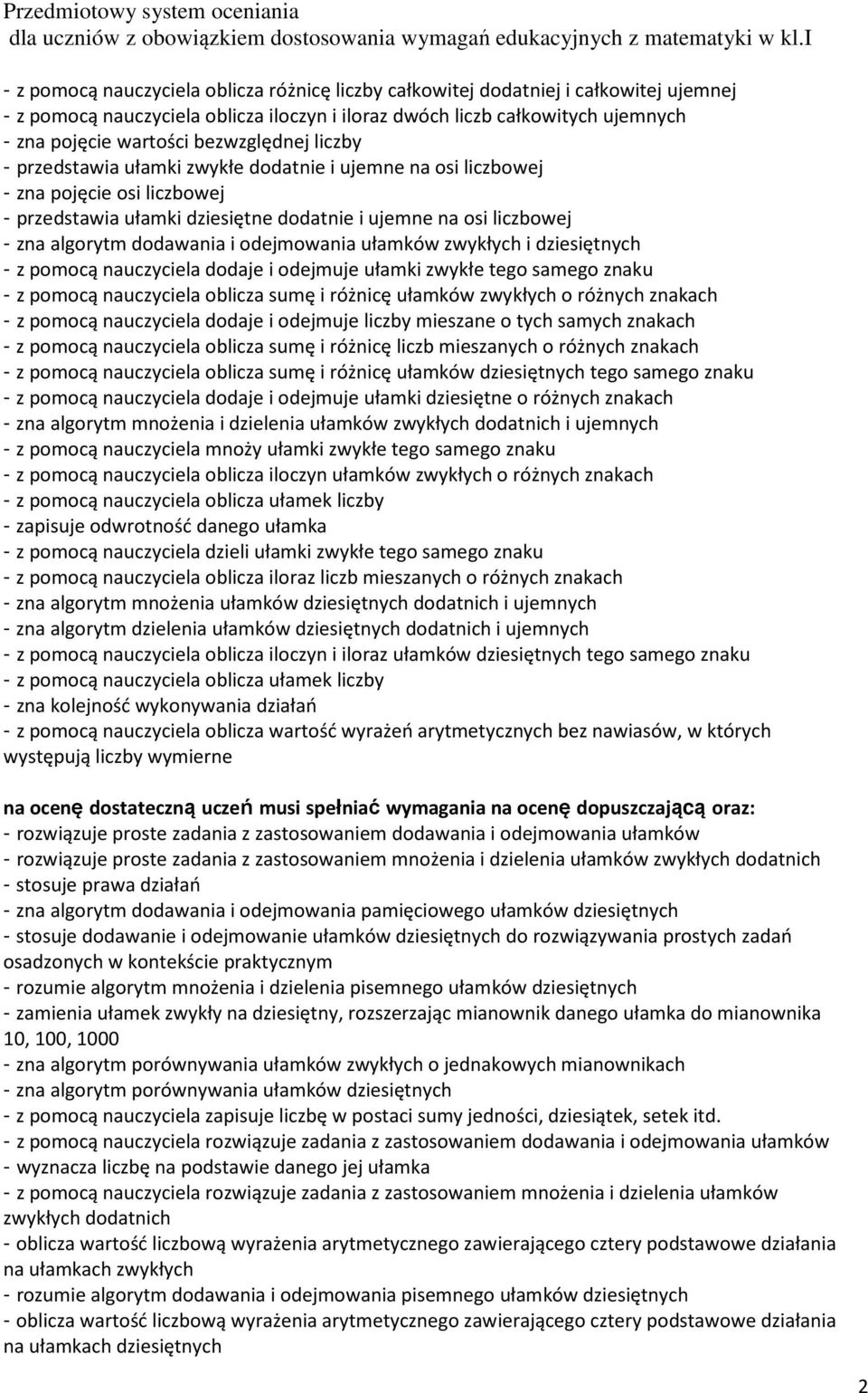 dodawania i odejmowania ułamków zwykłych i dziesiętnych - z pomocą nauczyciela dodaje i odejmuje ułamki zwykłe tego samego znaku - z pomocą nauczyciela oblicza sumę i różnicę ułamków zwykłych o