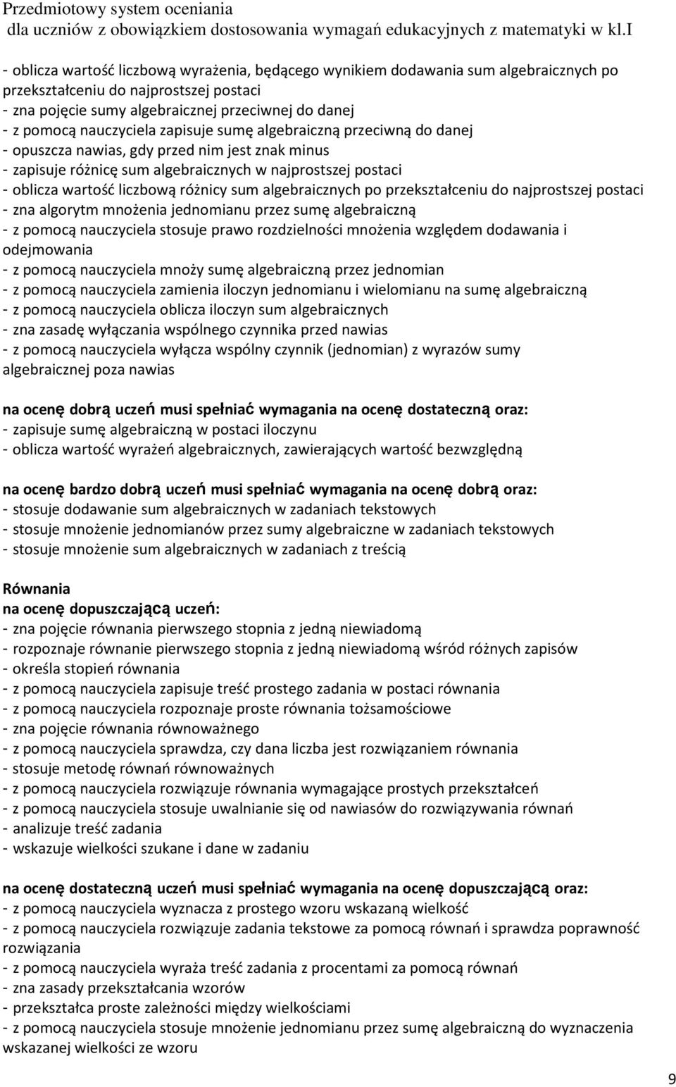 różnicy sum algebraicznych po przekształceniu do najprostszej postaci - zna algorytm mnożenia jednomianu przez sumę algebraiczną - z pomocą nauczyciela stosuje prawo rozdzielności mnożenia względem