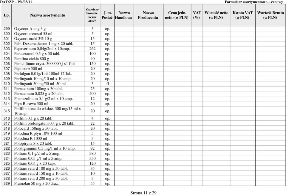 20 op. 309 Perlinganit 10 mg/10 ml x 10 amp. 20 op. 310 Perlinganit 50 mg/50 ml 50 ml 3 fl 311 Pernazinum 100mg x 30 tabl. 25 op. 312 Pernazinum 0,025 g x 20 tabl. 400 op.
