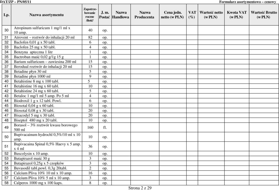 39 Betadine płyn 1000 ml 9 op. 40 Betahistine 8 mg x 100 tabl. 5 op. 41 Betahistine 16 mg x 60 tabl. 10 op. 42 Betahistine 24 mg x 60 tabl. 5 op. 43 Betaloc 1 mg/1 ml 5 amp. Po 5 ml 4 op.