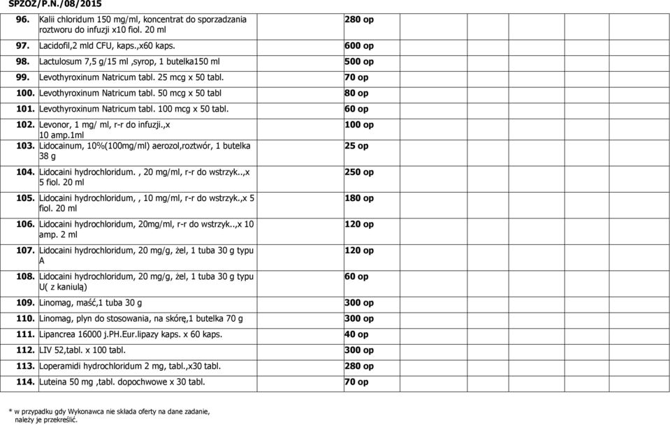 Levothyroxinum Natricum tabl. 100 mcg x 50 tabl. 60 op 102. Levonor, 1 mg/ ml, r-r do infuzji.,x 10 amp.1ml 103. Lidocainum, 10%(100mg/ml) aerozol,roztwór, 1 butelka 38 g 104.