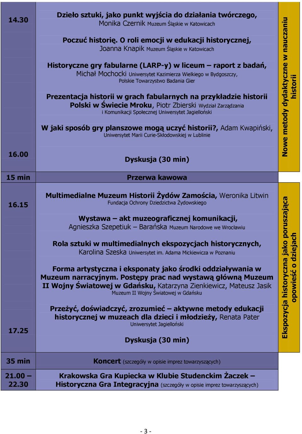 O roli emocji w edukacji historycznej, Joanna Knapik Muzeum Śląskie w Katowicach Historyczne gry fabularne (LARP-y) w liceum raport z badań, Michał Mochocki Uniwersytet Kazimierza Wielkiego w