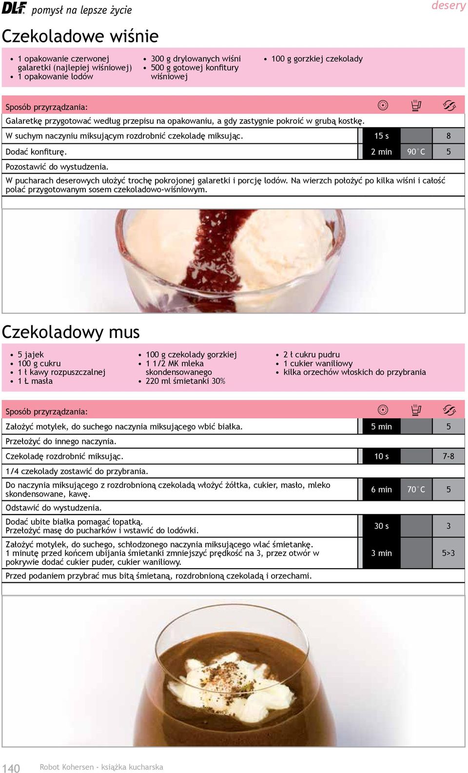 W pucharach deserowych ułożyć trochę pokrojonej galaretki i porcję lodów. Na wierzch położyć po kilka wiśni i całość polać przygotowanym sosem czekoladowo-wiśniowym.