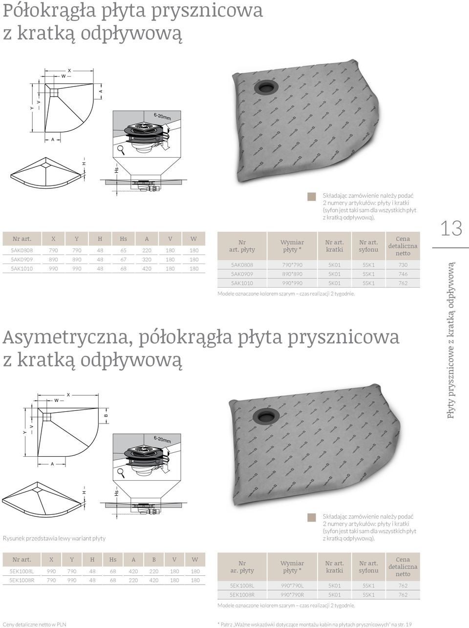 płyty Wymiar płyty * Składając zamówienie należy podać 2 numery artykułów: płyty i kratki (syfon jest taki sam dla wszystkich płyt z kratką odpływową). art. kratki art.