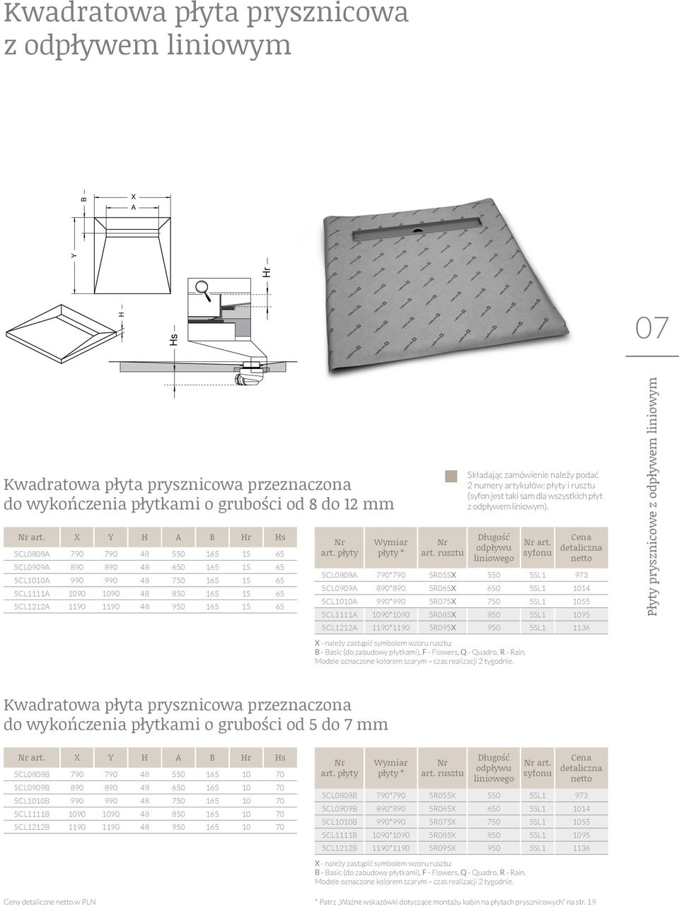płyty Wymiar płyty * art. rusztu Składając zamówienie należy podać 2 numery artykułów: płyty i rusztu (syfon jest taki sam dla wszystkich płyt z odpływem liniowym). Długość odpływu liniowego art.