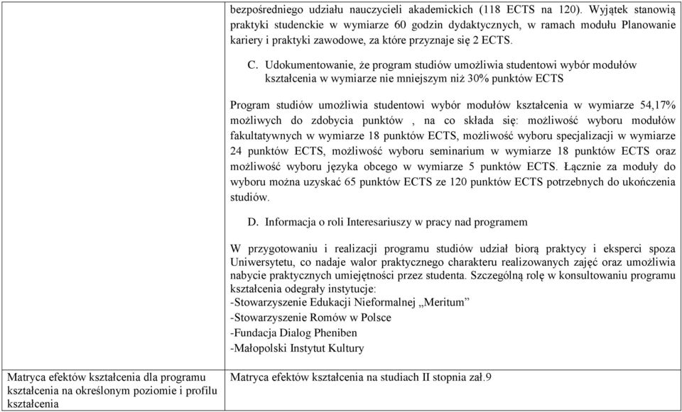 Udokumentowanie, że program studiów umożliwia studentowi wybór modułów kształcenia w wymiarze nie mniejszym niż 30% punktów ECTS Program studiów umożliwia studentowi wybór modułów kształcenia w