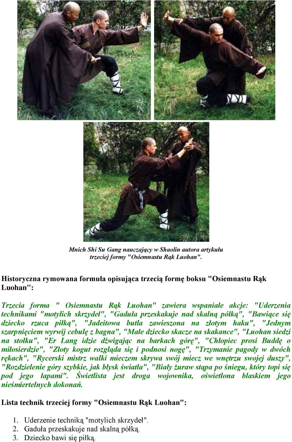 przeskakuje nad skalną półką", "Bawiące się dziecko rzuca piłką", "Jadeitowa butla zawieszona na złotym haku", "Jednym szarpnięciem wyrwij cebulę z bagna", "Małe dziecko skacze na skakance", "Luohan