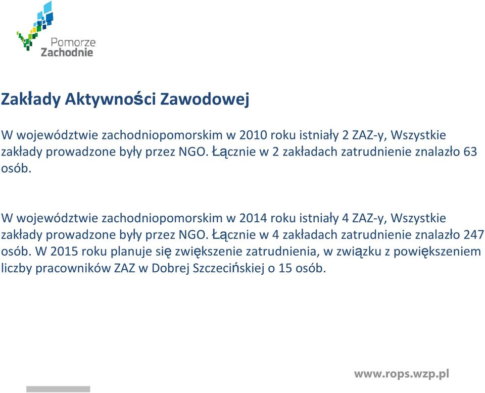 W województwie zachodniopomorskim w 2014 roku istniały 4 ZAZ-y, Wszystkie zakłady prowadzone były przez NGO.