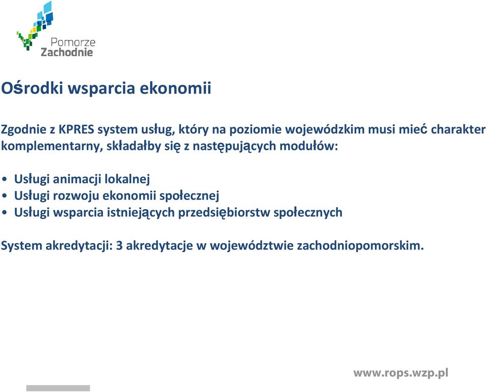 animacji lokalnej Usługi rozwoju ekonomii społecznej Usługi wsparcia istniejących