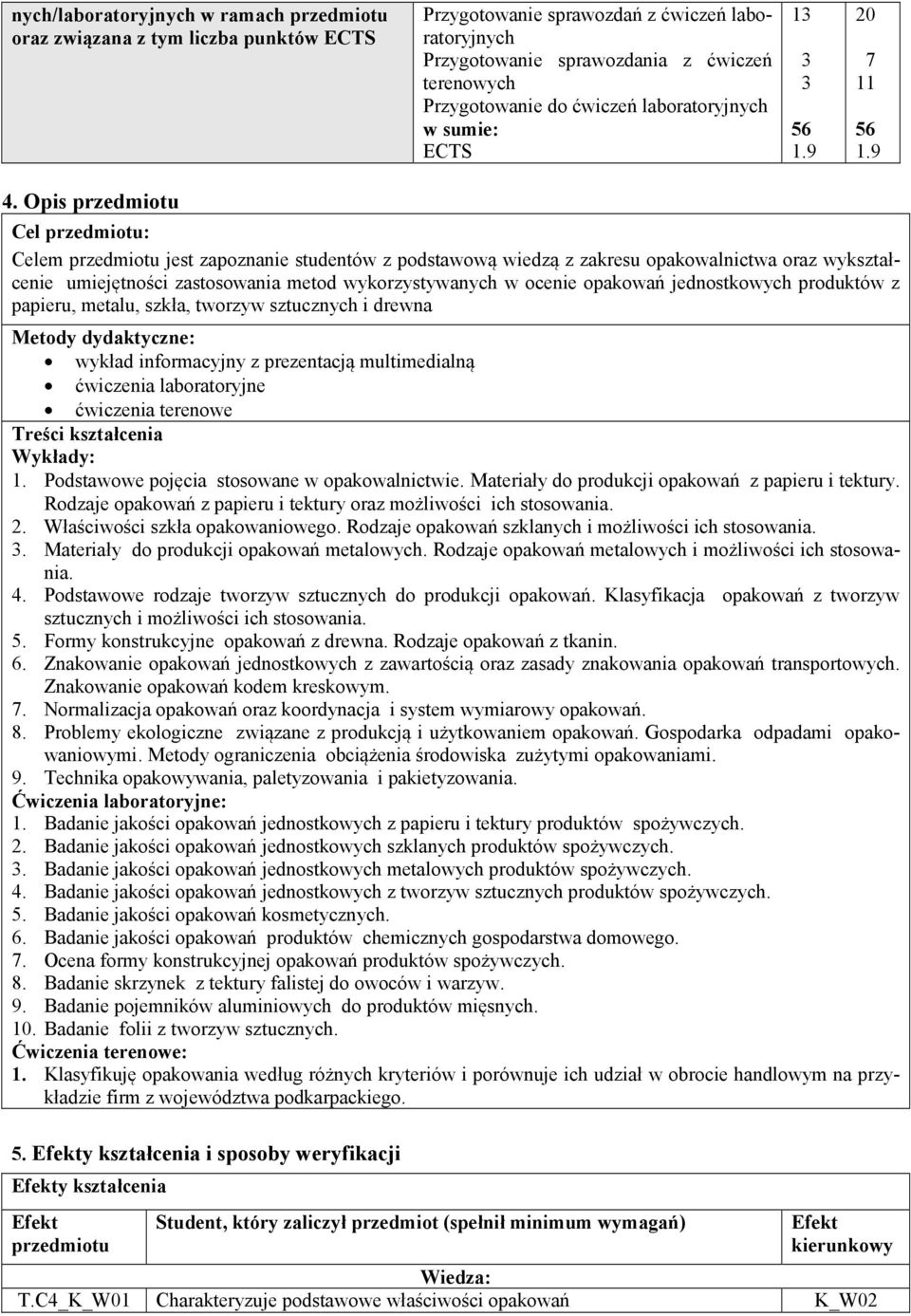 opakowań jednostkowych produktów z papieru, metalu, szkła, tworzyw sztucznych i drewna Metody dydaktyczne: wykład informacyjny z prezentacją multimedialną ćwiczenia laboratoryjne ćwiczenia terenowe