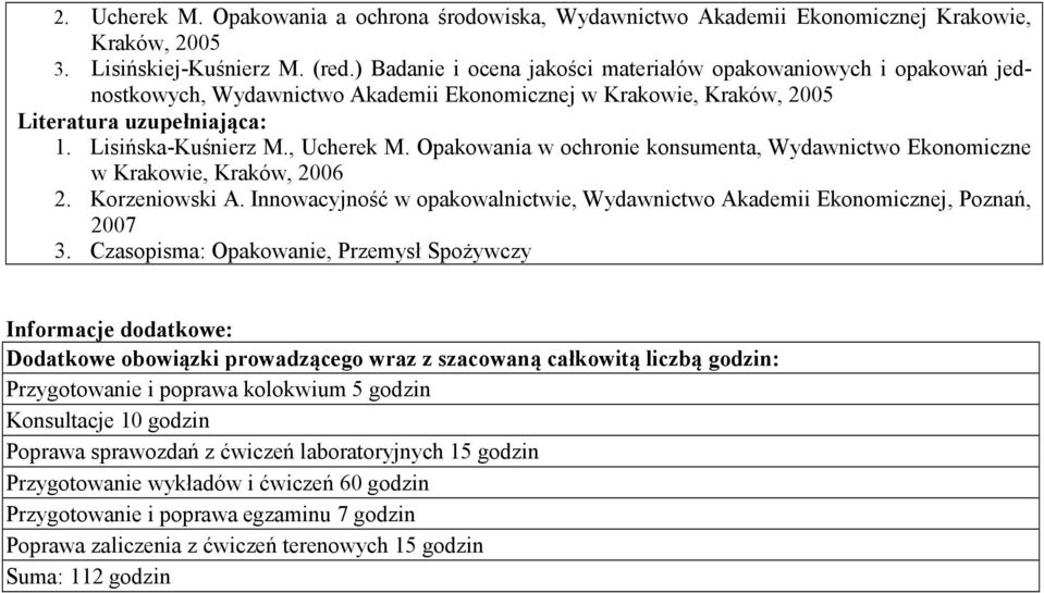 Opakowania w ochronie konsumenta, Wydawnictwo Ekonomiczne w Krakowie, Kraków, 06 2. Korzeniowski A. Innowacyjność w opakowalnictwie, Wydawnictwo Akademii Ekonomicznej, Poznań, 0.