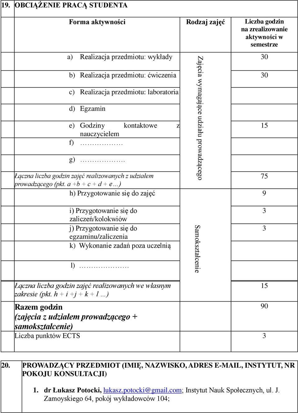 przedmiotu: laboratoria d) Egzamin e) Godziny kontaktowe z nauczycielem f) 15 g). Łączna liczba godzin zajęć realizowanych z udziałem prowadzącego (pkt.