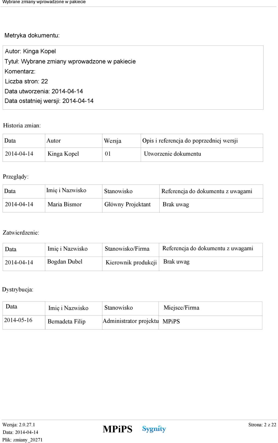 2014-04-14 Maria Bismor Główny Projektant Brak uwag Data Imię i Nazwisko Stanowisko/Firma Referencja do dokumentu z uwagami 2014-04-14 Bogdan Dubel Kierownik