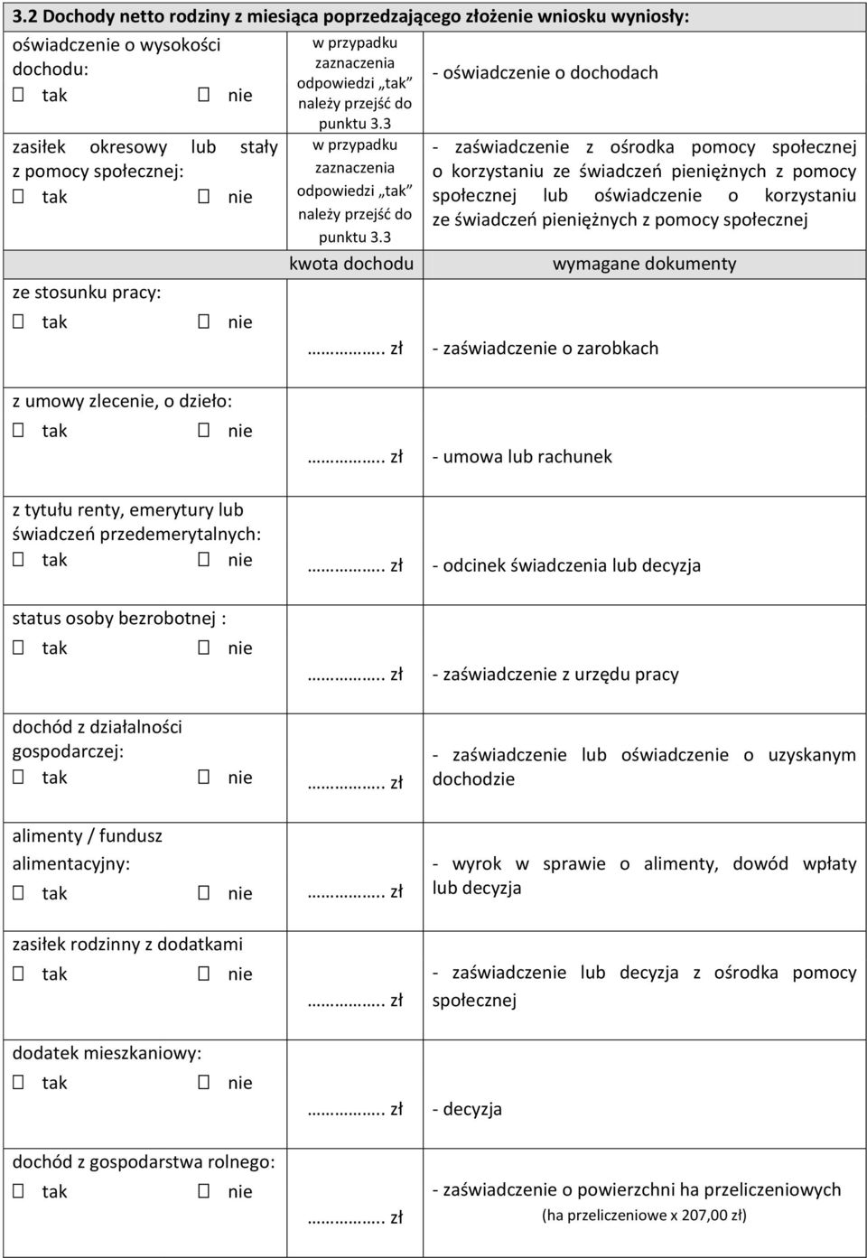 3 kwota dochodu - oświadczenie o dochodach - zaświadczenie z ośrodka pomocy społecznej o korzystaniu ze świadczeń pieniężnych z pomocy społecznej lub oświadczenie o korzystaniu ze świadczeń