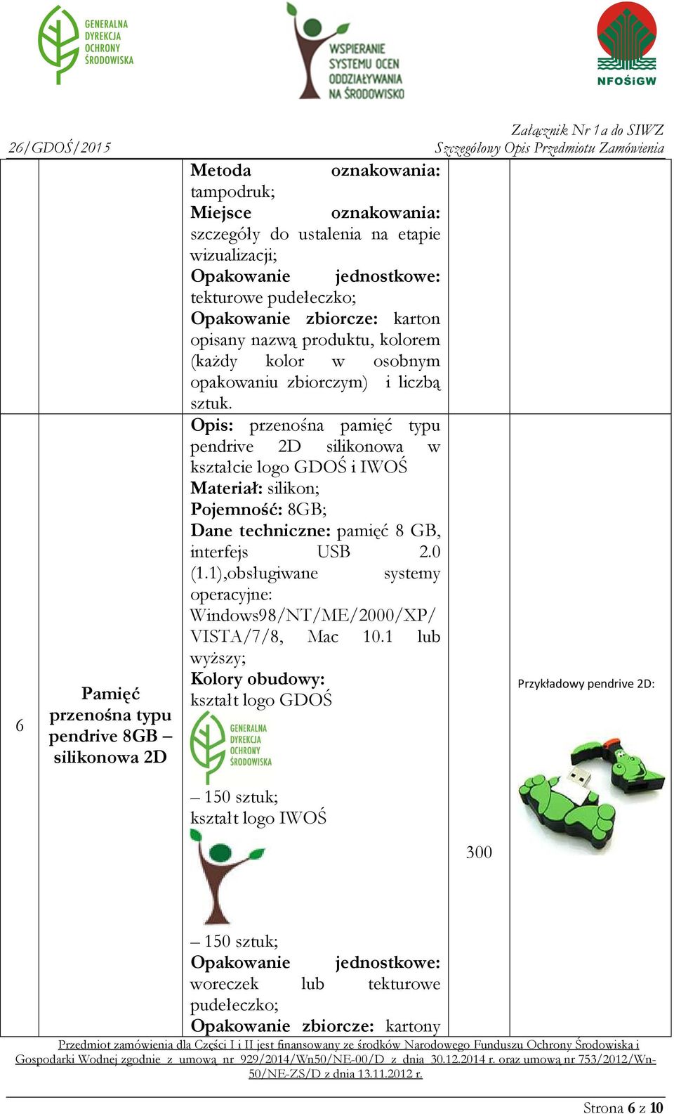 Opis: przenośna pamięć typu pendrive 2D silikonowa w kształcie logo GDOŚ i IWOŚ Materiał: silikon; Pojemność: 8GB; Dane techniczne: pamięć 8 GB, interfejs USB 2.0 (1.