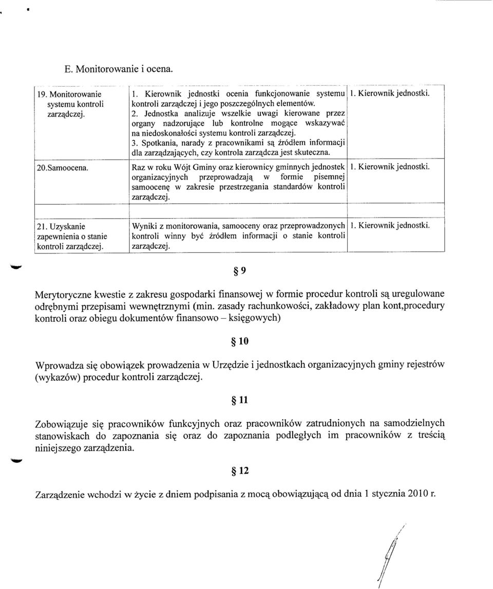 Raz w roku Wojt Gminy oraz kierownicy gminnych jednostek organizacyjnych przeprowadzaja, w formie pisemnej samoocen? w zakresie przestrzegania standardow kontroli zarza^dczej. 21.