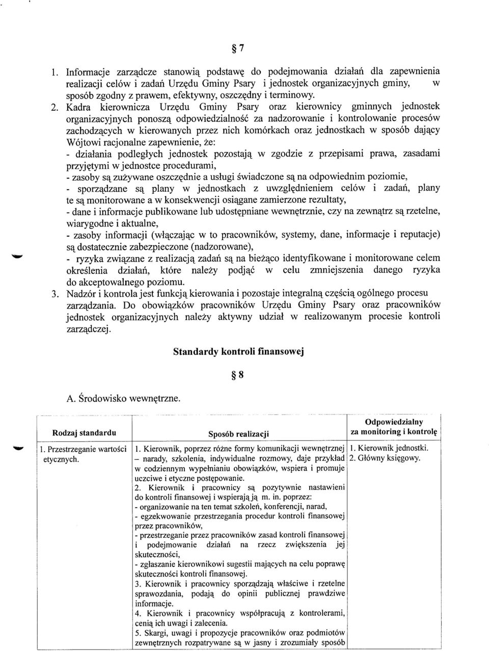 Kadra kierownicza Urz^du Gminy Psary oraz kierownicy gminnych jednostek organizacyjnych ponosza^ odpowiedzialnosc za nadzorowanie i kontrolowanie procesow zachodzajcych w kierowanych przez nich