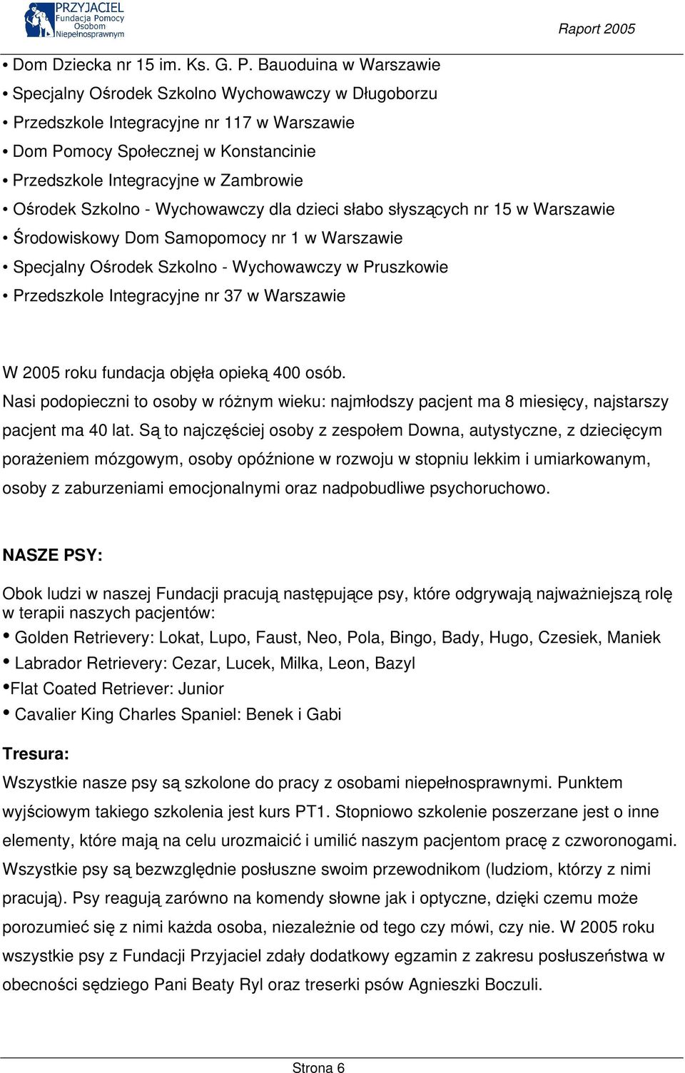 Szkolno - Wychowawczy dla dzieci słabo słyszących nr 15 w Warszawie Środowiskowy Dom Samopomocy nr 1 w Warszawie Specjalny Ośrodek Szkolno - Wychowawczy w Pruszkowie Przedszkole Integracyjne nr 37 w