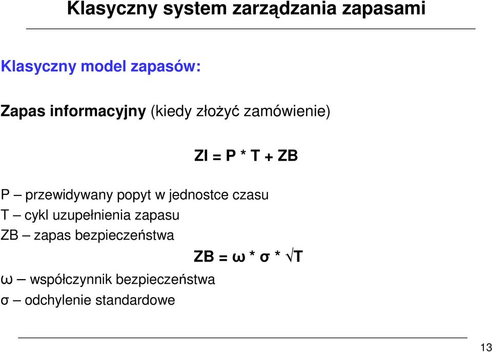 popyt w jednostce czasu T cykl uzupełnienia zapasu ZB zapas