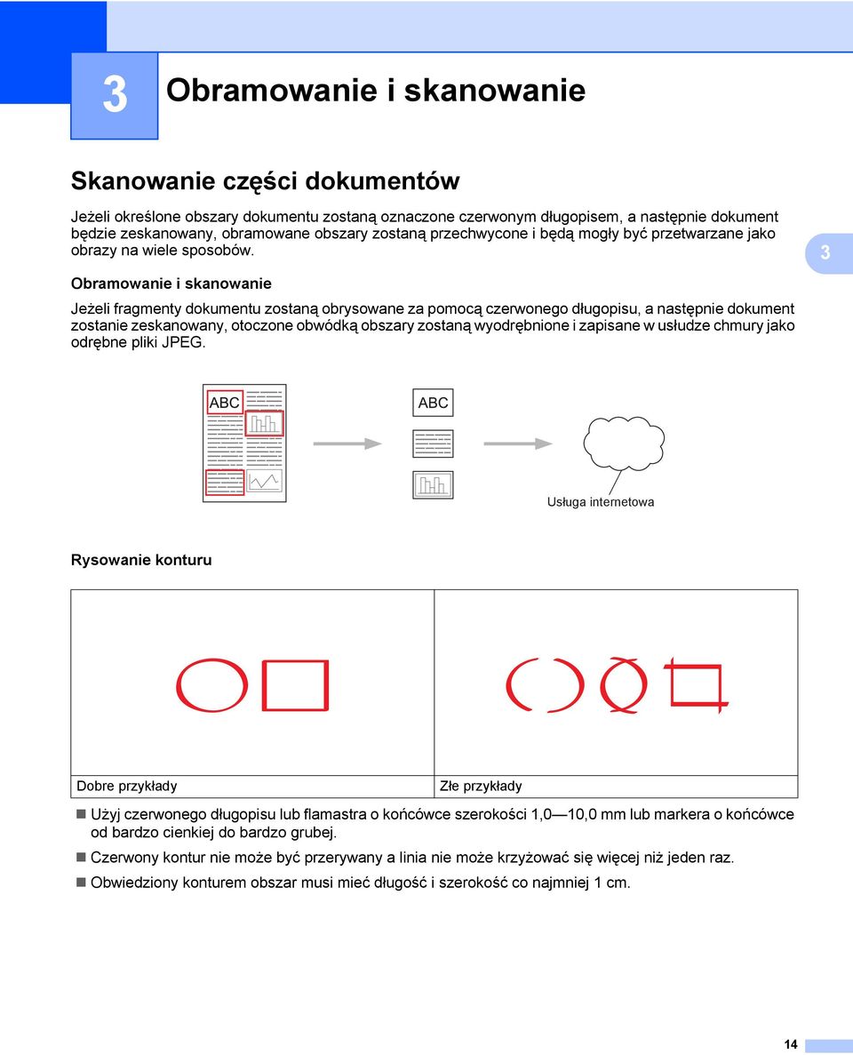 3 Obramowanie i skanowanie 3 Jeżeli fragmenty dokumentu zostaną obrysowane za pomocą czerwonego długopisu, a następnie dokument zostanie zeskanowany, otoczone obwódką obszary zostaną wyodrębnione i