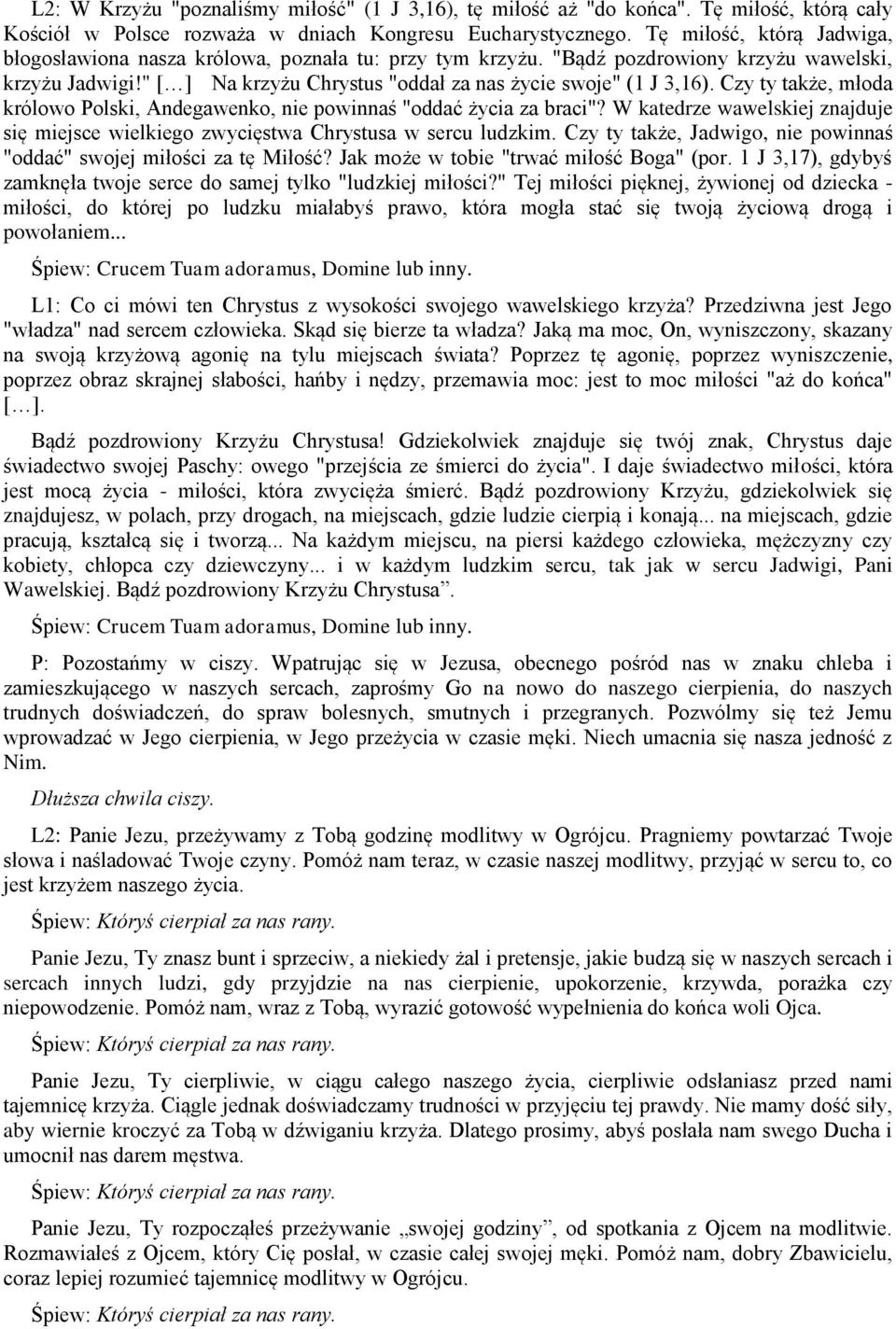 Czy ty także, młoda królowo Polski, Andegawenko, nie powinnaś "oddać życia za braci"? W katedrze wawelskiej znajduje się miejsce wielkiego zwycięstwa Chrystusa w sercu ludzkim.