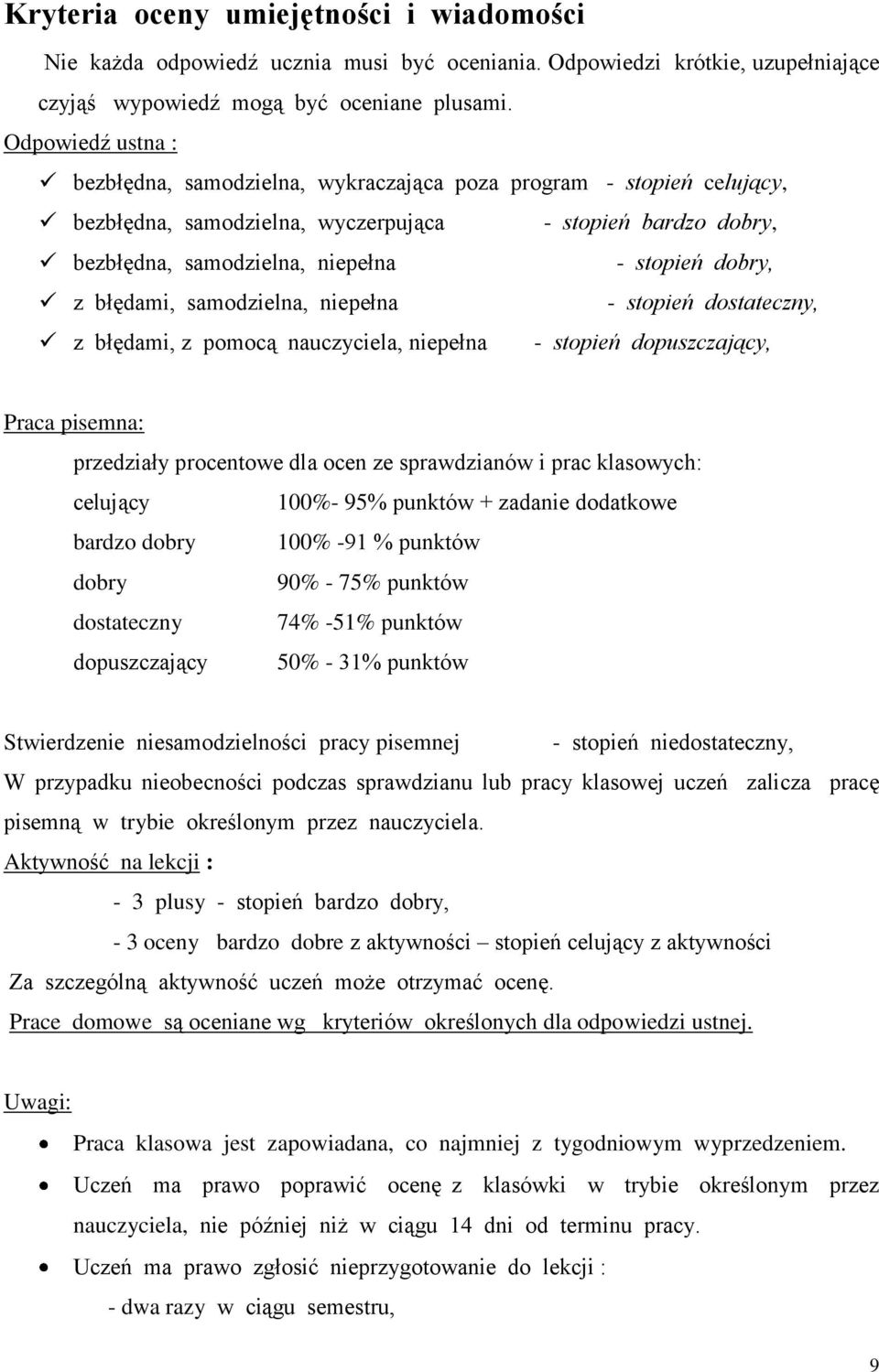 z błędami, samodzielna, niepełna - stopień dostateczny, z błędami, z pomocą nauczyciela, niepełna - stopień dopuszczający, Praca pisemna: przedziały procentowe dla ocen ze sprawdzianów i prac