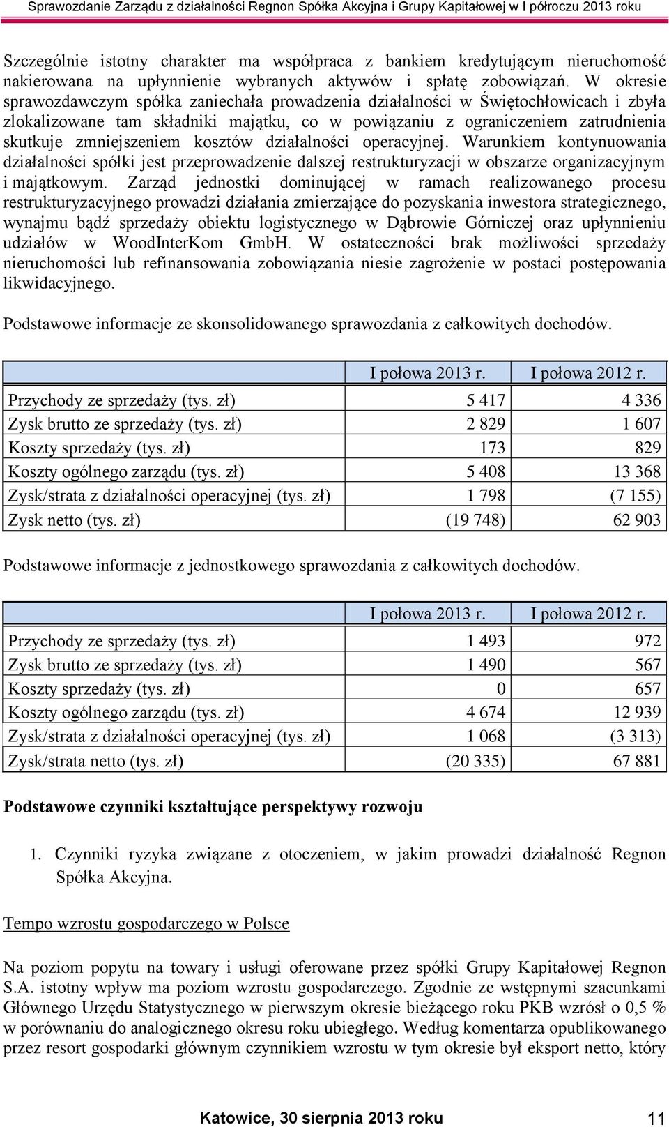 kosztów działalności operacyjnej. Warunkiem kontynuowania działalności spółki jest przeprowadzenie dalszej restrukturyzacji w obszarze organizacyjnym i majątkowym.