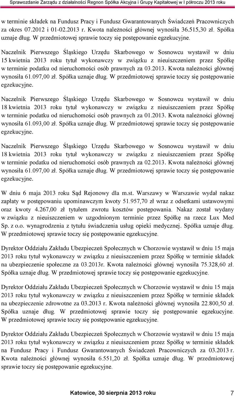 Naczelnik Pierwszego Śląskiego Urzędu Skarbowego w Sosnowcu wystawił w dniu 15 kwietnia 2013 roku tytuł wykonawczy w związku z nieuiszczeniem przez Spółkę w terminie podatku od nieruchomości osób