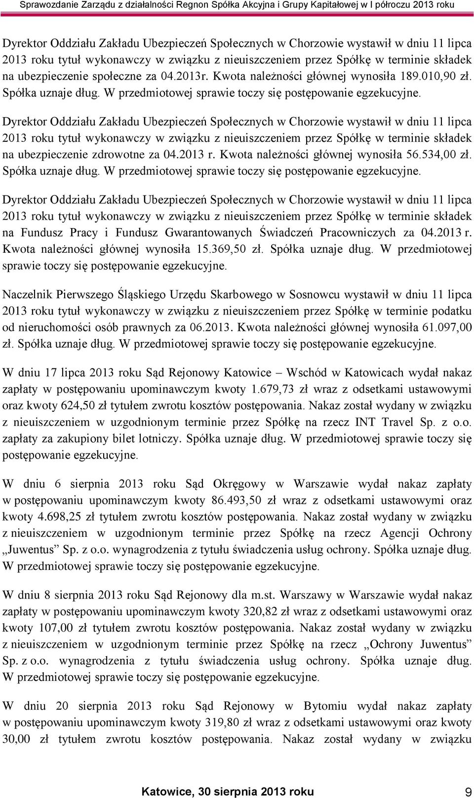 11 lipca 2013 roku tytuł wykonawczy w związku z nieuiszczeniem przez Spółkę w terminie składek na ubezpieczenie zdrowotne za 04.2013 r. Kwota należności głównej wynosiła 56.534,00 zł.
