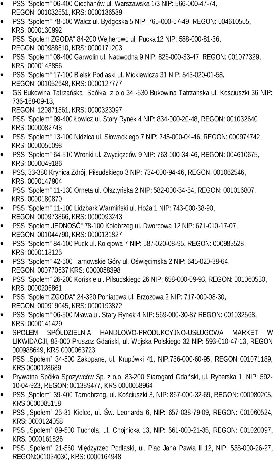 Nadwodna 9 NIP: 826-000-33-47, REGON: 001077329, KRS: 0000143856 PSS "Społem" 17-100 Bielsk Podlaski ul.