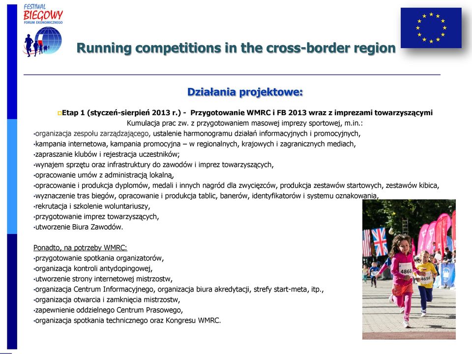 zapraszanie klubów i rejestracja uczestników; wynajem sprzętu oraz infrastruktury do zawodów i imprez towarzyszących, opracowanie umów z administracją lokalną, opracowanie i produkcja dyplomów,