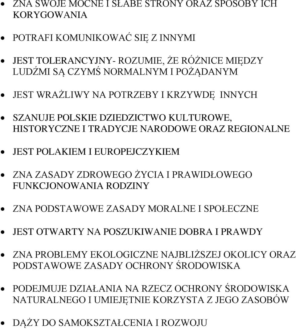 ZDROWEGO ŻYCIA I PRAWIDŁOWEGO FUNKCJONOWANIA RODZINY ZNA PODSTAWOWE ZASADY MORALNE I SPOŁECZNE JEST OTWARTY NA POSZUKIWANIE DOBRA I PRAWDY ZNA PROBLEMY EKOLOGICZNE NAJBLIŻSZEJ