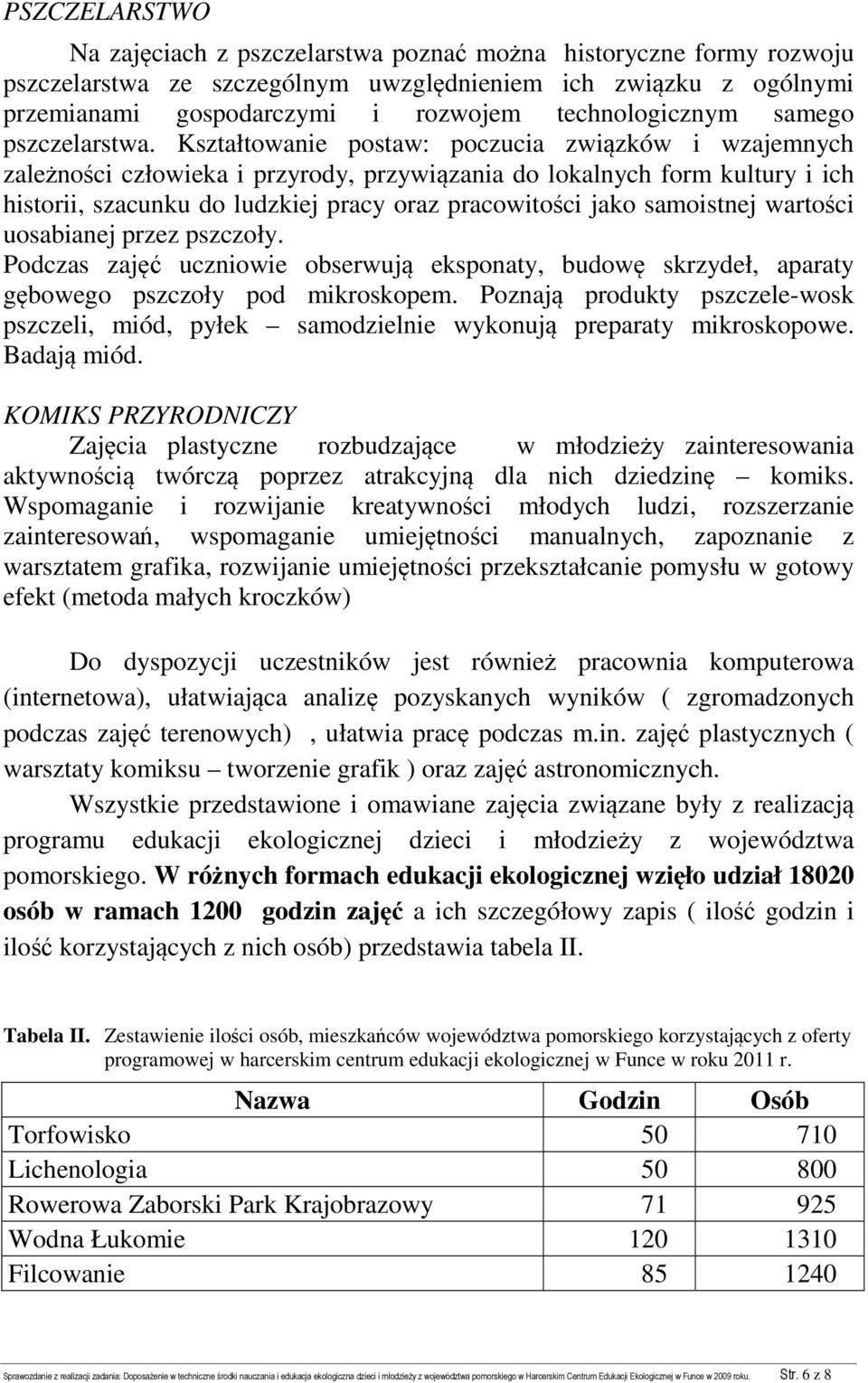 Kształtowanie postaw: poczucia związków i wzajemnych zależności człowieka i przyrody, przywiązania do lokalnych form kultury i ich historii, szacunku do ludzkiej pracy oraz pracowitości jako