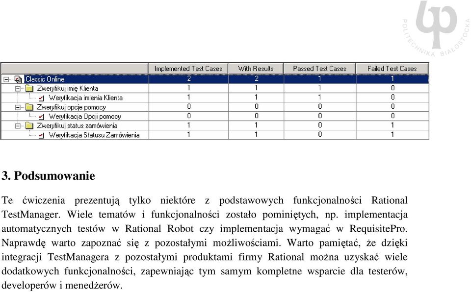 implementacja automatycznych testów w Rational Robot czy implementacja wymagać w RequisitePro.