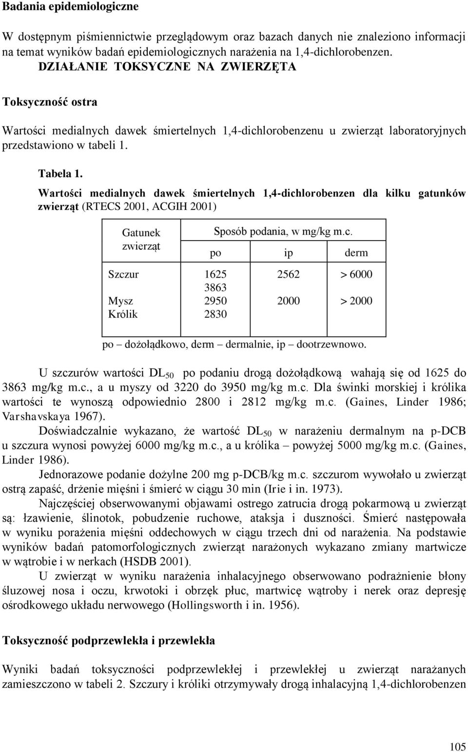Wartości medialnych dawek śmiertelnych 1,4-dichlorobenzen dla kilku gatunków zwierząt (RTECS 2001, ACGIH 2001) Gatunek zwierząt Szczur Mysz Królik Sposób podania, w mg/kg m.c. po ip derm 1625 3863 2950 2830 2562 2000 > 6000 > 2000 po dożołądkowo, derm dermalnie, ip dootrzewnowo.